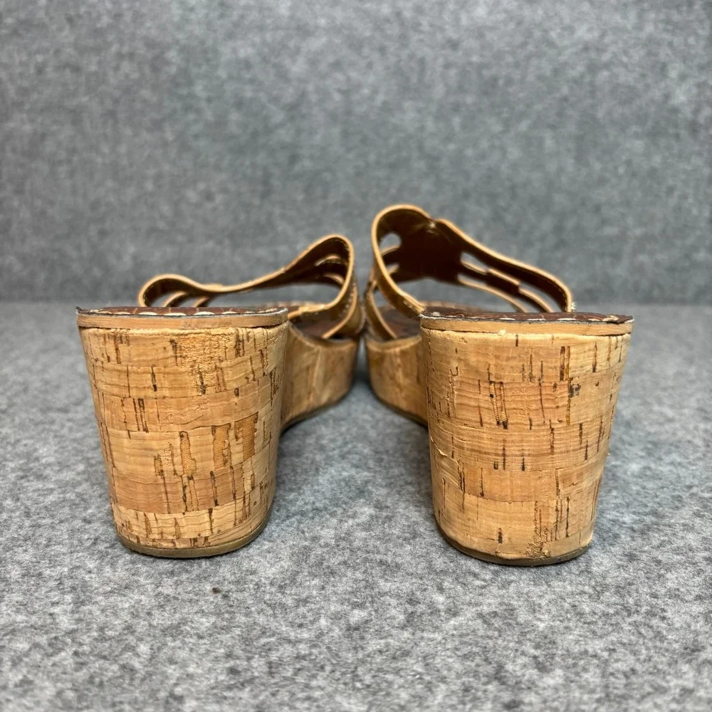 Sam Edelman Regis Brown Nude Patent Leather Slip On Cork Wedge Sandals Womens 9
